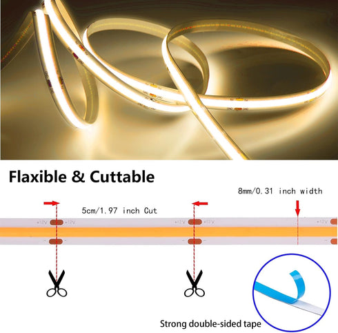 MDee 3000K White3.28ft/1m 5V 90+ 800LM/m 320LEDs/m Dcor3000K White3.28ft/1m COB LED Strip Lights Warm USB Powered