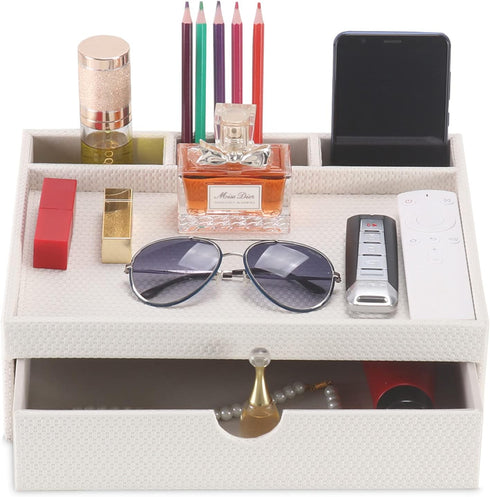 Leather Desk Organizer with Drawers, Home Cosmetics Organizer, Phone Remote Organizer, White