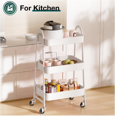 Generic 3 Tier Rolling Cart, Metal Utility Cart with Lockable Wheels - Kitchen Bathroom Organizer - White