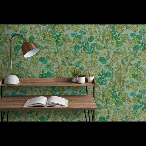 Commercial 1900S Grade Wallpaper Swatch - Green Leaves Mint Plants Gardening Peas Herbs Nasturtium Gardener Rosemary