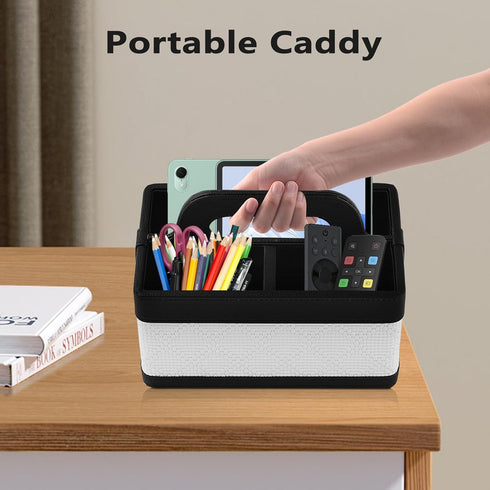 Desk Organizer Caddy with Handle-Portable PU Leather Remote Control Holder-Nightstand Dresser Tote Storage