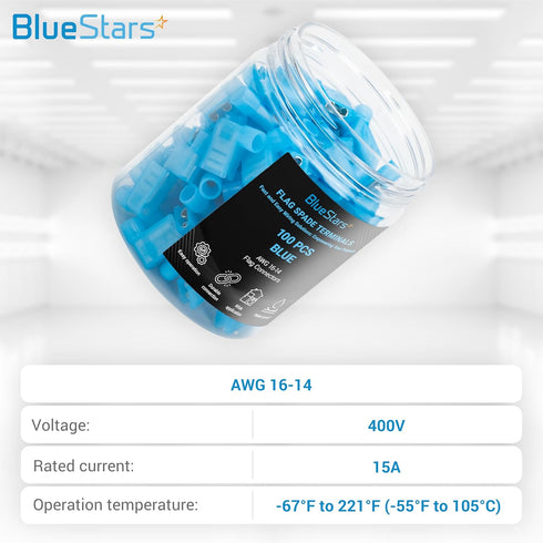 BlueStars 100 PCS Blue Flag Spade Terminals Female, AWG 16-14, 400V, 15A Electrical Connectors Kit