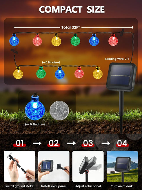 2-Pack 100 64FT 8 Multicolor Solar String Lights Outdoor, Total LED Crystal Globe Solar Powered Lights for Outside
