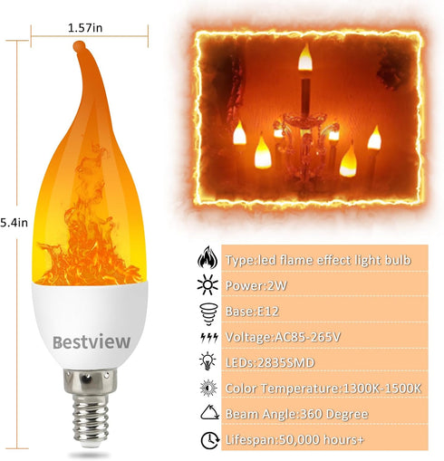 Bestview LED Flame Effect Light Bulbs,3 Modes Flickering Light Bulbs, Smart E12 Chandelier Base Candle Fire Light Bulb for Halloween, Christmas,Party, Porch Indoor&Outdoor Home Decoration -6 Pack by Bestview