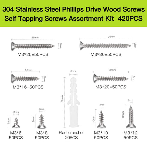 M3 Flat Head Wood Screws Assortment Fasteners Kit 420pcs,Phillips Drive Countersunk Head Self-Tapping Screws,304 Stainless Steel,Contains 20pcs M6 Screw Anchors
