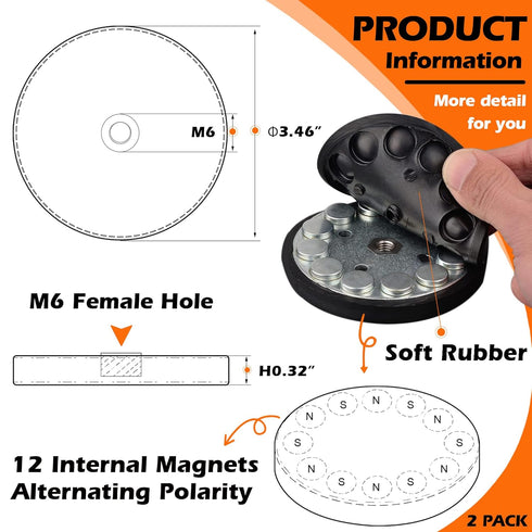 ULIBERMAGNET 2Pack Rubber Coated Magnet, Anti-Scratch Neodymium Round Magnet Base with M6 Female Thread Stud
