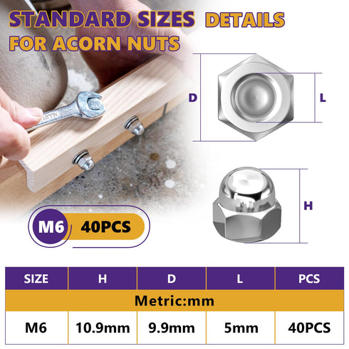 ZerDans M6-1.0mm 40Pcs 18-8 (304) Acorn Cap Nuts, Metric Hex Acorn Nuts Stainless Steel Caps for Indoor Outdoor Bolt