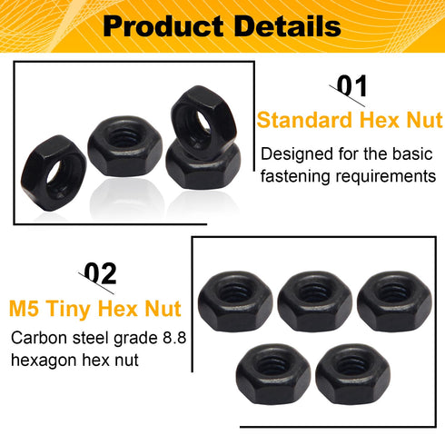 Mriuuod 100pcs M5-0.8 M5 0.8mm 8mm 4mm Hex Nuts, Carbon Steel, Black Oxide, x Tiny Nuts, Hex Drive, Metric, Right Hand