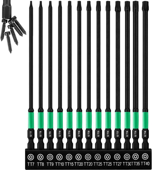 6-Inch Long Security Torx Bit Set 13-Piece, TT7-TT40 Tamper-Proof Star Driver Bits,
