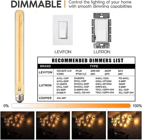 4 Pack LEOOLS T300 Vintage LED Filament Bulb, T10 6W Dimmable, 11.8inch Long Tubular Vintage LED Light, E26 Medium Base