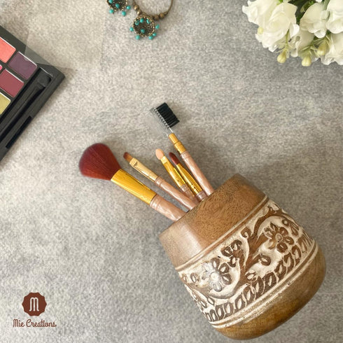 Mie Creations Designer Pencil Holder for Desk, Cute Wooden Paintbrush Cup, Office Desktop Organizer for Art Supplies