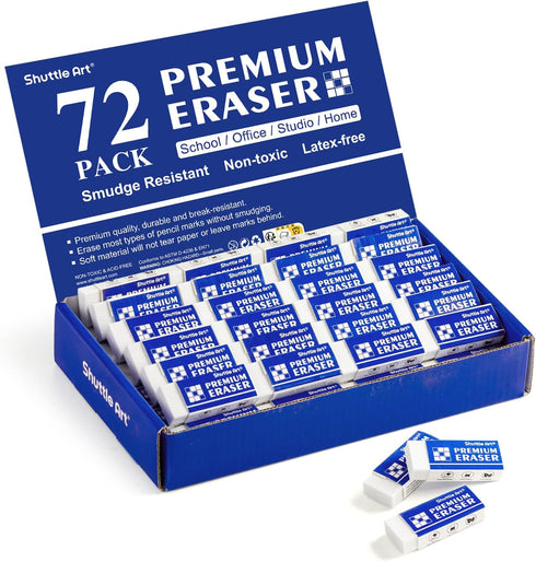 Shuttle Art 72 Pack Premium Erasers, Bulk White Erasers for Kids Teachers as School Supplies