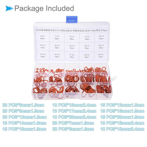 Silicone Rubber O Ring Assortment Kit, 15 Sizes, 225-Pieces for Automotive Plumbing Sealing Repair