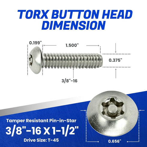 Torx Security Machine Screws, 3/8-16 x 1-1/2" (5-Pack) Stainless Steel, Tamper-Resistant Button Head