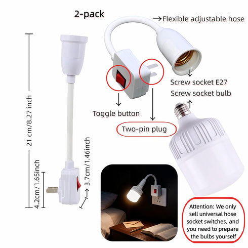 RyanDesign 2-Pack E26/E27 360 Light,Garage,Closet,and Bulb Socket Extension with On/Off Switch, Fully Flexible Neck