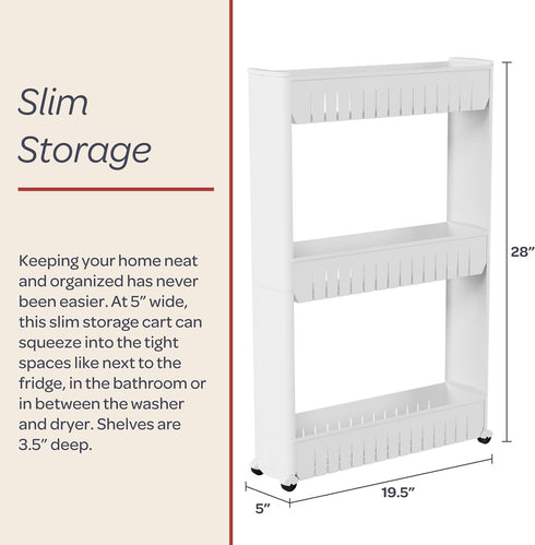 3 Lavish Home Tier Shelf Rolling Cart - Narrow-Space Kitchen or Bathroom Shelf Organizer Cart - Slim Slide-Out Storage