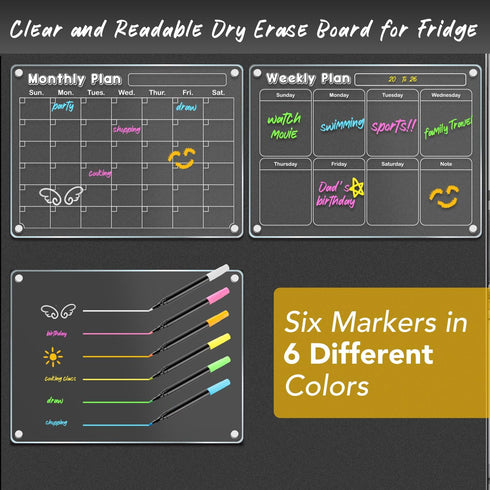 DIYMAG 3Pcs Acrylic Magnetic Dry Erase Calendar for Fridge, Clear Weekly Monthly Planner Menu with 6 Highlight Markers