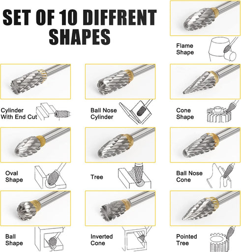 Tungsten Carbide Rotary Burr Die Grinder Bits, Single Cut Grinding Head 10mm with 1/4" Shank for Woodworking