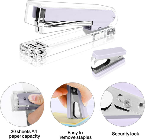 MEGREZ Desktop Staplers Kit, Acrylic Metal Stapler with 1000 PCS Staples, Office Supplies Set in Purple