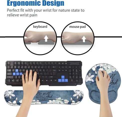 Keyboard Wrist Rest and Mouse Pad Support Set with Coasters, Christian Bible Verse Psalm 46:10, Non-Slip PU Base