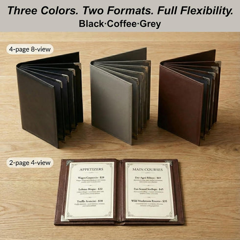 8.5 11, 2 Pack 4 8 Restaurant Menu Covers x Menu Holder Faux Leather Menu Book with Clear PVC Sleeves, Page View