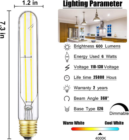 7.3 inch E26 Bulbs 60 T10 Dimmable Bulbs 4000K E26 Bulb 6W 600lm T10 Bulb T9 4 Pack. Led Watt Tubular Light Daylight