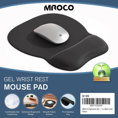 MROCO Ergonomic Mouse Pad, Black Color with Gel Wrist Rest, Comfortable Non-Slip PU Base, 9.4 x 8.1 in