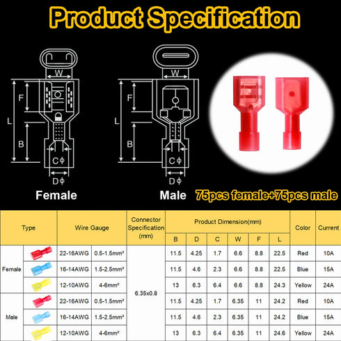 smseace 100Pcs Spade Connectors Kit, 22-10AWG Male/Female Quick Connect/Disconnect Electrical Connectors