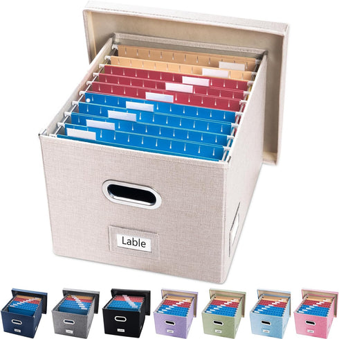 PRANDOM File Organizer Box - 1 Set of Collapsible Decorative Linen Storage with Lids for Letter/Legal Size, Light Grey