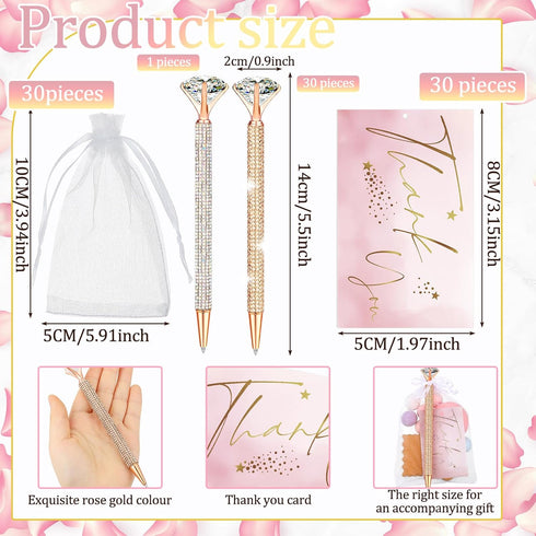 Yeaqee 91 Pcs Bridal Shower Diamond Pen Set, 31 Wedding Crystal Pens, 30 Organza Bags, 30 Cards, Rose Gold