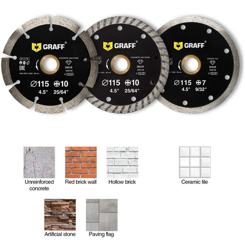 GRAFF Diamond Blade for Angle Grinder - 3 Pack, 4 1/2 inches for Dry and Wet Cutting Stone, Marble, Concrete