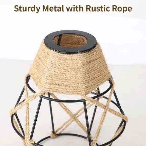 Toyosport 4 6.7 E27 Pcs Pendant Lamp Shade, Diamond Shape Metal Cage Lampshade with Hemp Rope, in H, DIY Retro Vintage