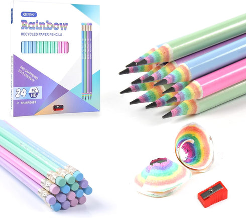 ECOTREE Pre-Sharpened #2 Pencils with Erasers for Kids, Eco Rainbow Paper Pencil for School, 24 Count