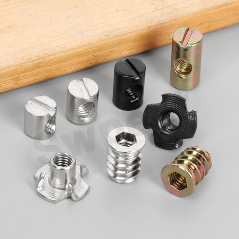 Swpeet 60Pcs M610/12/15/20 4-Pronged Nickel Plated Barrel Nuts with Threaded Inserts and T-Nuts Assortment Kit, Cross