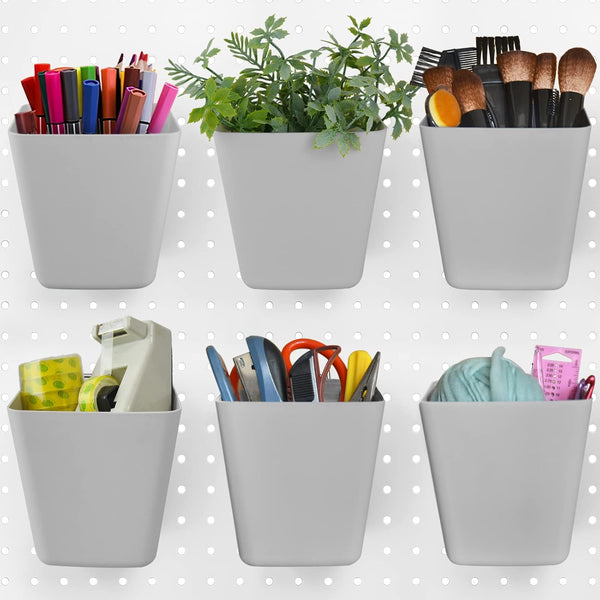 G.CORE Large Pegboard Cups, Grey Peg Board Storage Bin 6 Pack with Hooks for Organization