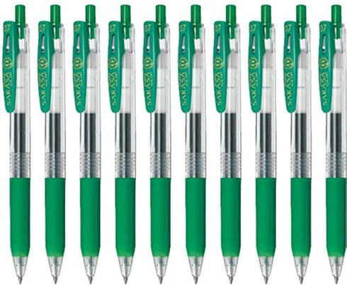 Zebra Sarasa Clip 0.7 Retractable Gel Ink Pen, Rubber Grip, 0.7mm, Green Ink, Value Set of 10