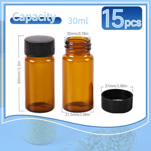 15 PCS 30ML Amber Small Liquid Sample Glass Vials with 24-400 Black Screw Caps for Lab and Essential Oils