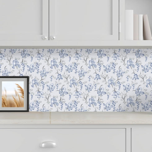 17.7"x118" Blue Grey Floral Peel and Stick Wallpaper, Iris Flower Bouquet Mural for Bedroom Nursery