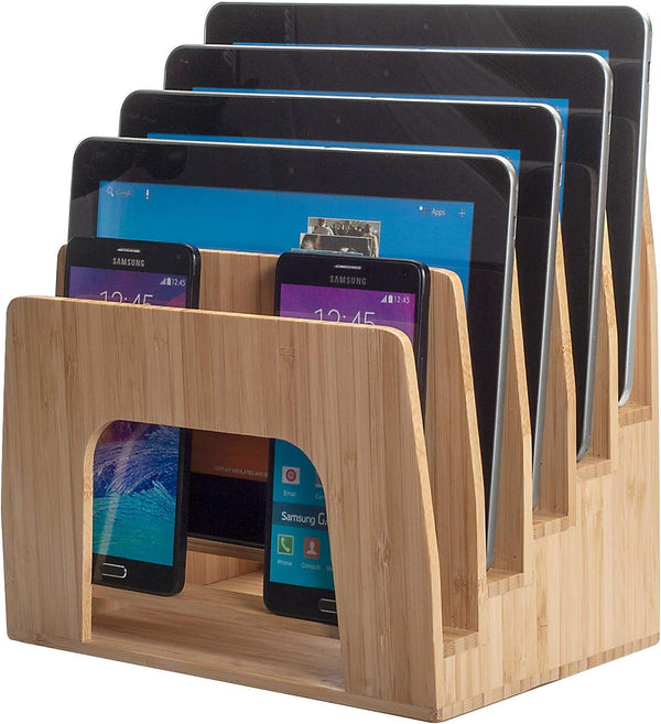 MobileVision Bamboo Multi Device Inclined Organizer - Upright Sections for Smartphones, Tablets, Laptops, 5 Slots