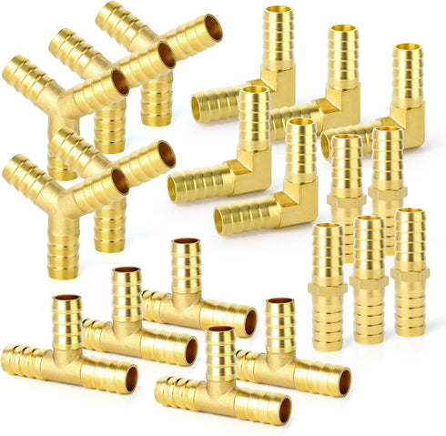 GASHER 8-Piece 3/8 Inch Brass Hose Barb Set - 90 Degree Elbow, Y-Shape Connector, Multi-Purpose Fuel/AIR/Water
