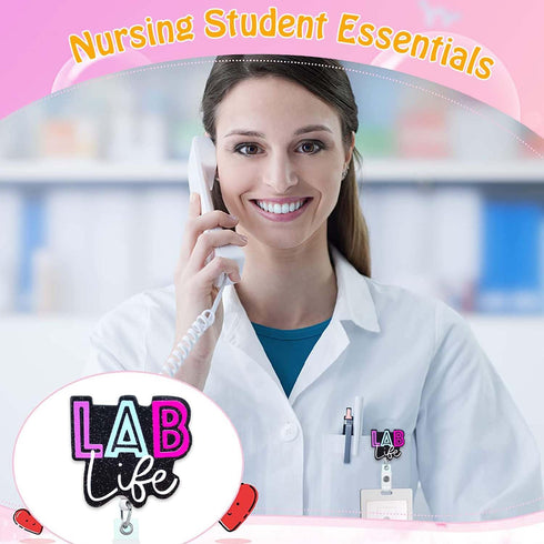 Lab Life Funny Badge Reels Retractable for Nurses, Cute Glitter Teacher Nursing Badge Clip, RN, CNA, LPN, Medical