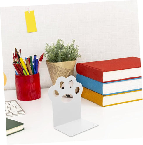 Cat Paw Metal Bookends Hollow White Holders for Study Desk and Shelves Stable Book Stoppers Organizer Documents