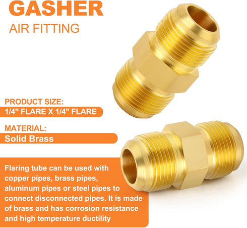 GASHER 10PCS Brass Tube Fitting, Half-Union, 1/4" Flare x 1/4" Flare Male Pipe Fittings
