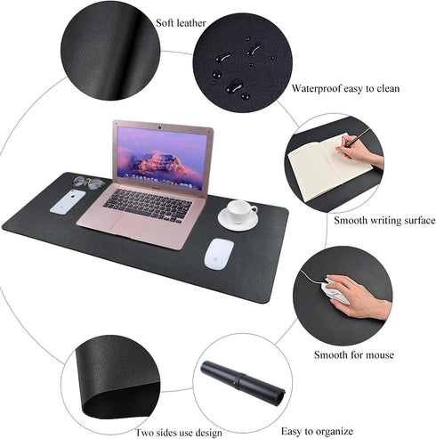 Desk Pad for Office Home, 31" x 13", PU Leather Waterproof Large Writing Mat Organizer, Black