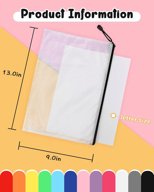 Umriox Mesh Zipper Pouch Puzzle Bags - 13.0x9.0 in (Black, 12 Packs), Letter Size A4 Zipper Bags for Office Supplies