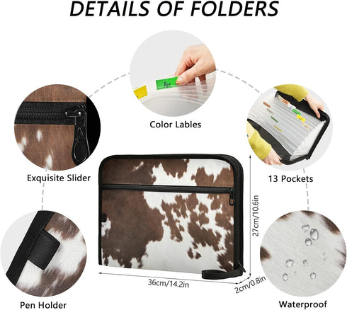 Western Cow Skin Texture Expanding File Folder, 13 Pockets Accordion Document Organizer with Zipper Closure