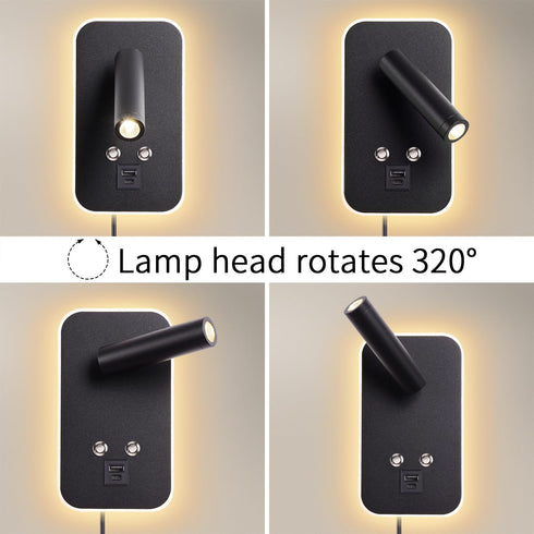 AWEKLIY Dimming, 3000K Wall-Mounted LED Bedside Reading Light Plug-in, with USB Charging Port, Stepless Touch Warm