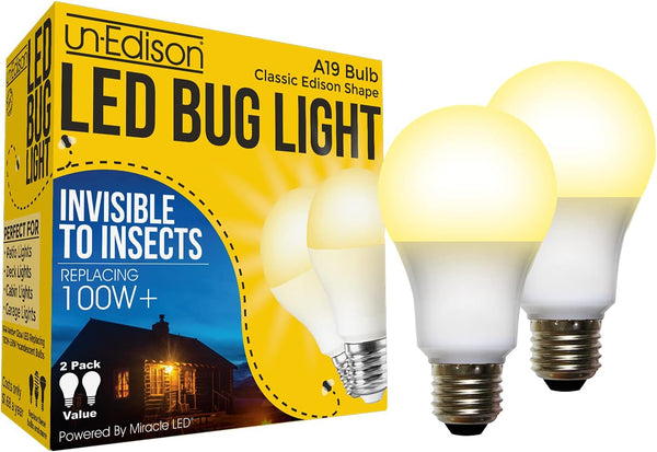A19 LED Bug Light, Replaces 100W, Yellow Spectrum E26 Medium Outdoor Bulb for Porch, 2-Pack