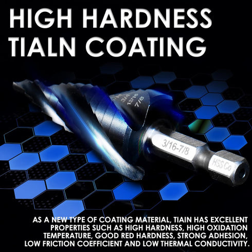 M35 Cobalt Step Drill Bit, Four Spiral Flute Unibit (3/16"-7/8"), Wear-Resistant TiAlN Coated, 1/4" Hex Shank