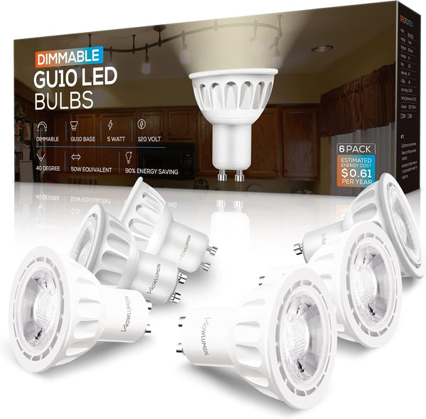 GU10 LED Light Bulbs, 5W 500LM, 3000K Warm White, Dimmable MR16 Replacement for Recessed Lighting, 6 Pack